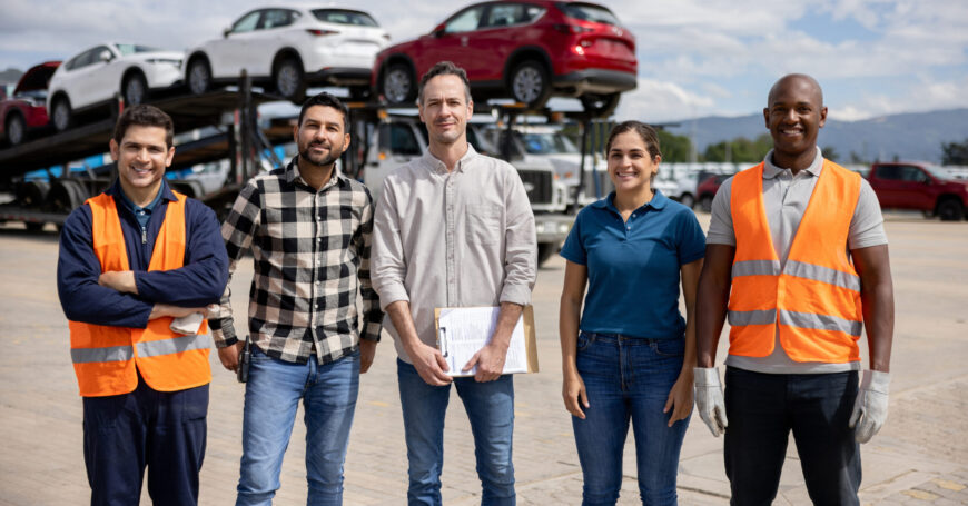 Diverse group of people working at a distribution warehouse transporting cars and looking at the camera smiling - freight transportation concepts